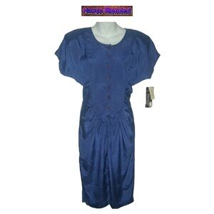 Vintage 80's 90's All That Jazz Blue Dress Satin Deadstock Dynasty Pleated S VTG